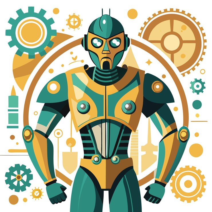 Vector un robot futurista con un cuerpo verde y amarillo de pie frente a un círculo de engranajes