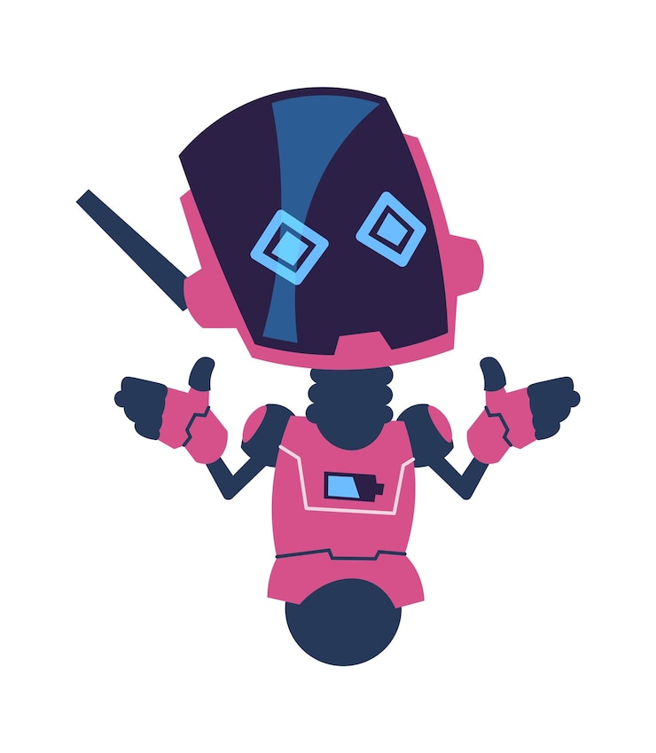 Vector robot futurista dibujos animados lindo personaje androide en colores rosa innovación científica y tecnología cibernética talismán electrónico bot automático asistente de voz símbolo ilustración vectorial