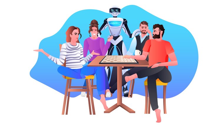 Vector robot con gente jugando al ajedrez concepto de tecnología de inteligencia artificial