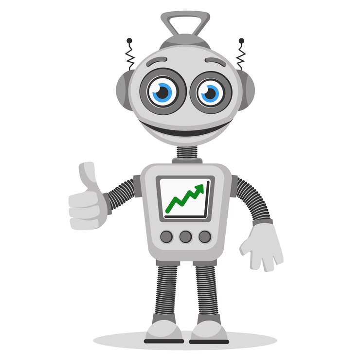 Vector el robot con el gráfico en la pantalla y el gesto de la mano sobre un fondo blanco.