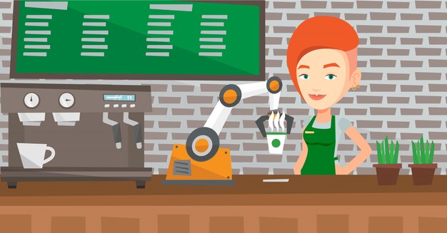 Robot haciendo café para un cliente en la cafetería.