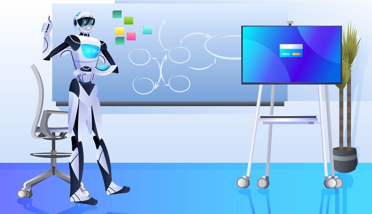 Vector robot haciendo presentación empresario robótico que trabaja en la oficina concepto de tecnología de inteligencia artificial horizontal ilustración vectorial de longitud completa