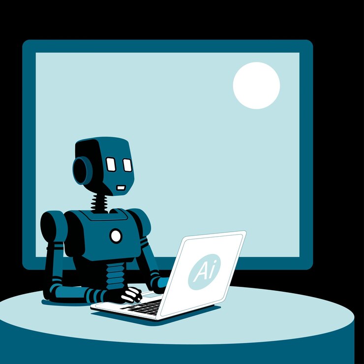 Vector robot haciendo trabajo de oficina robot sentado frente a una computadora portátil