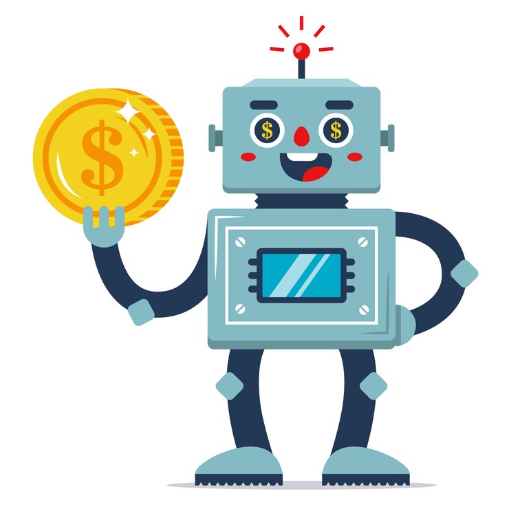 Vector un robot de hierro sostiene una moneda en su mano. ingresos pasivos. programa de trabajo automatizado. ganancias en internet. personaje de vector plano