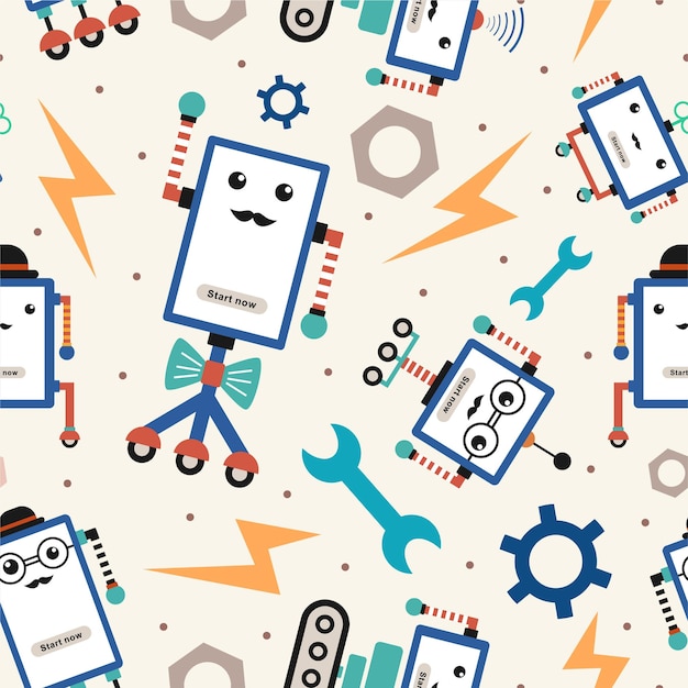 Robot hipster de patrones sin fisuras con lindo colorido aislado sobre fondo blanco Juguetes de dibujos animados robot vintage Ilustración vectorial Perfecto para cubiertas de libros para niños papel tapiz de papel de regalo