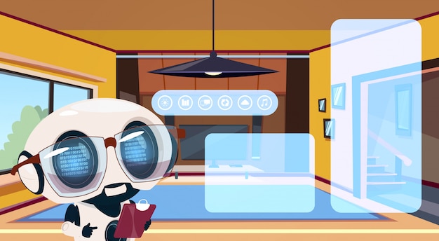 Robot Housekeeper utilizando la tecnología de automatización del hogar inteligente en el interior de la sala de estar moderna