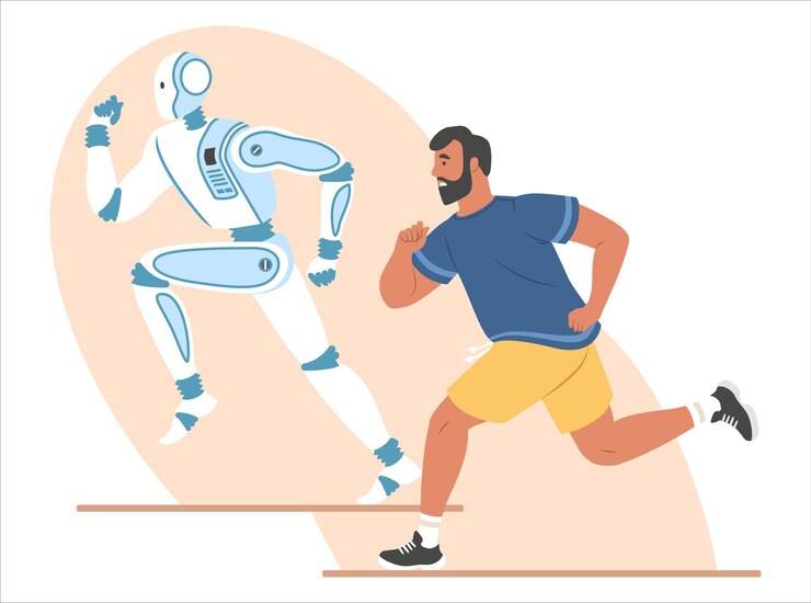 Vector robot y humano corriendo carrera de maratón, ilustración vectorial plana. competencia ganadora de máquinas robóticas. inteligencia artificial vs humana.