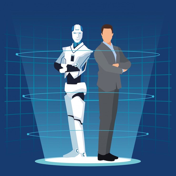 Vector robot humano y hombre de negocios