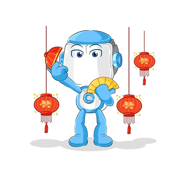 Robot humanoide chino con vector de caracteres de ilustración de linternas