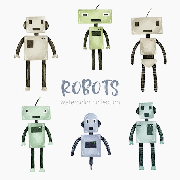 Robot humanoide de dibujos animados de acuarela futurista para pegatinas y avatares emoji