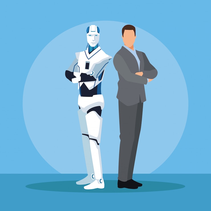 Vector robot humanoide y empresario