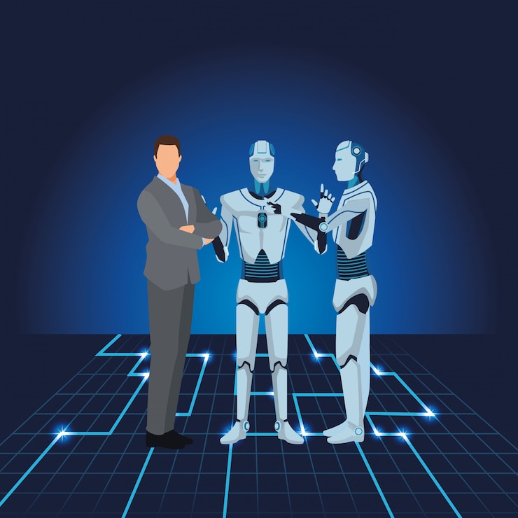 Vector robot humanoide y empresario