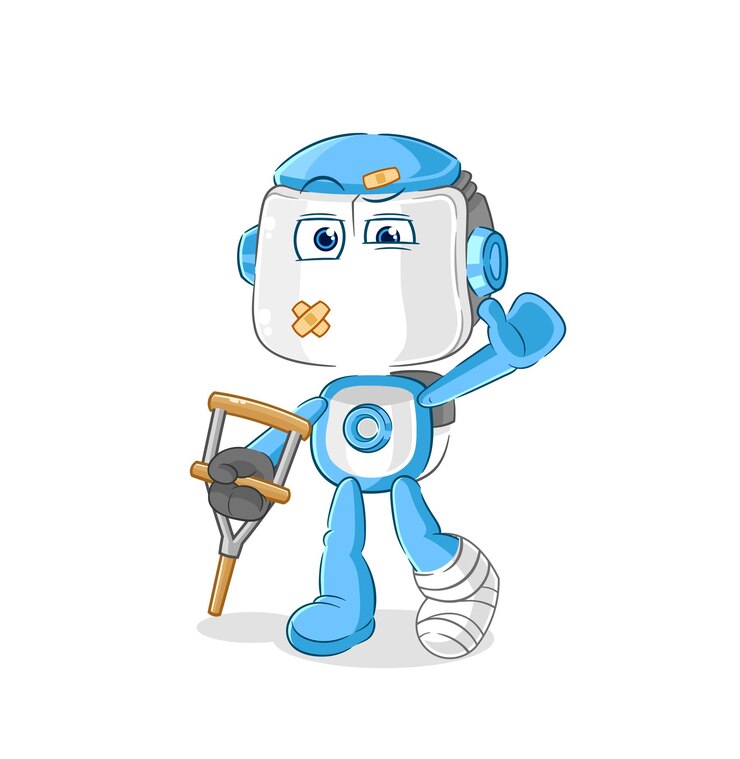 Vector robot humanoide enfermo con vector de mascota de dibujos animados de palo cojeando