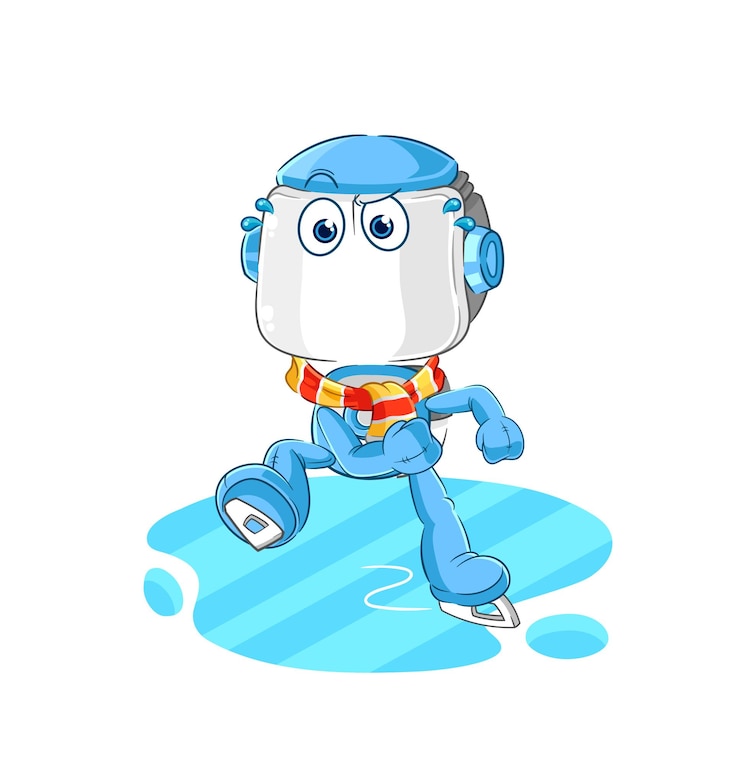 Vector robot humanoide esquí en hielo personaje de dibujos animados mascota vector