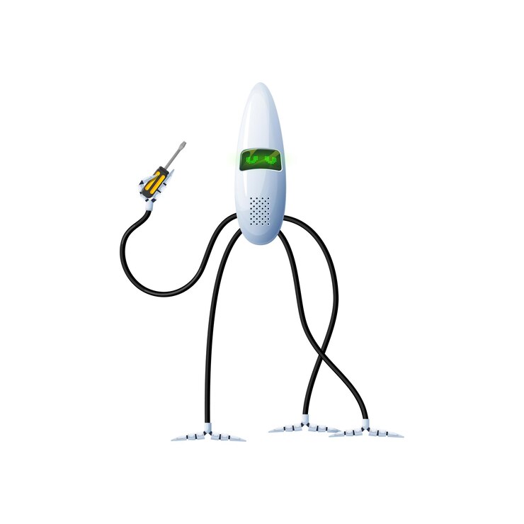 Vector robot humanoide futurista con llave en las manos icono de ayudante de casa androide aislado asistente de hogar robótico vectorial inteligencia artificial máquina de vida alienígena futuro robot personaje de dibujos animados lindo cyborg