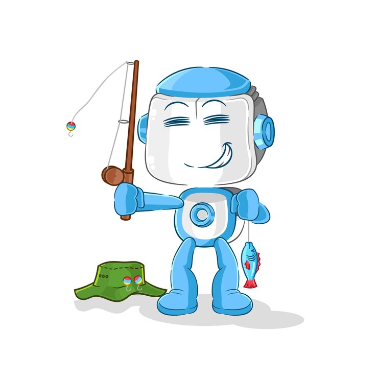 Vector robot humanoide pescador ilustración vector de caracteres