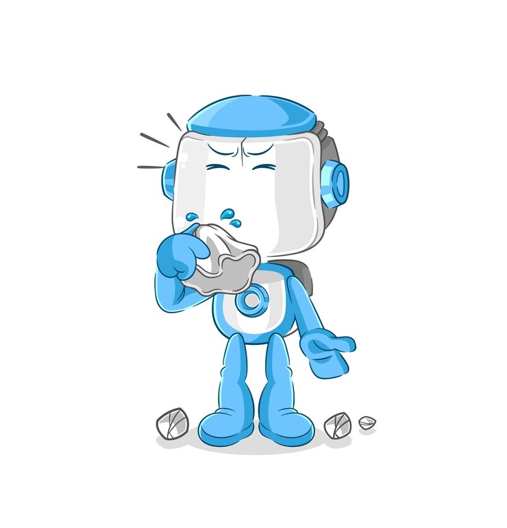 Vector robot humanoide que sopla la nariz personaje de dibujos animados mascota vector