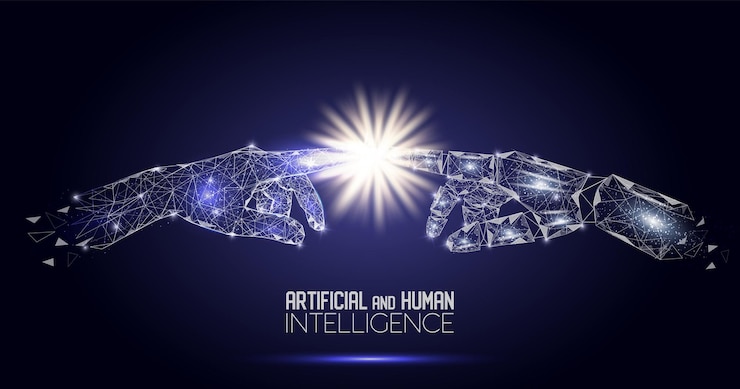 Vector robot y humanos tocando manos vector fondo poligonal