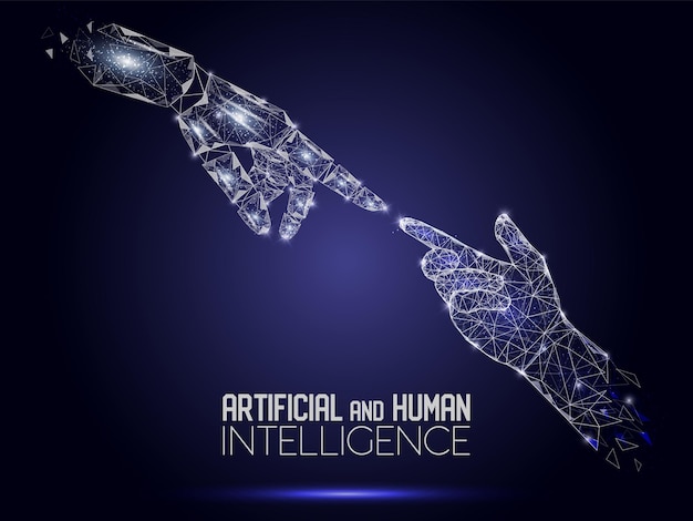Robot y humanos tocando manos vector fondo poligonal
