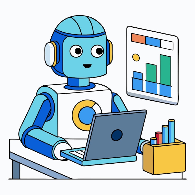Vector un robot de ia amigable analiza los datos en una computadora portátil