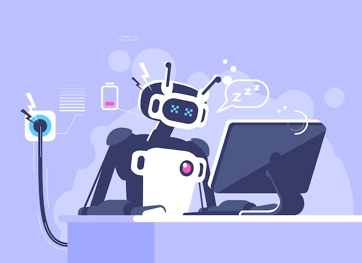 Vector robot con ilustración de vector plano de trabajo de baja energía. concepto de desventajas del trabajador de ai. gerente, empleado con personaje de dibujos animados aislado de inteligencia artificial. cyborg descargado, humanoide