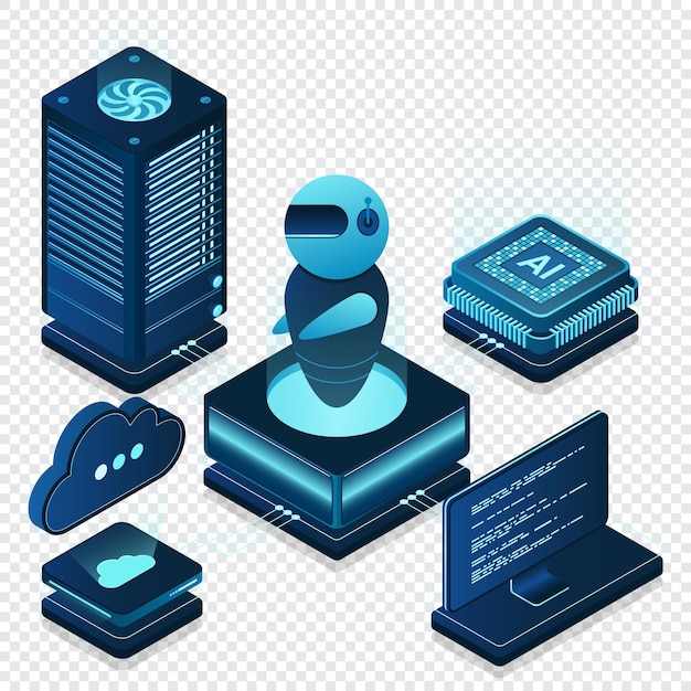 Robot de inteligencia artificial Análisis de sistemas Procesamiento de grandes datos Tecnología de aprendizaje automático Ilustración vectorial