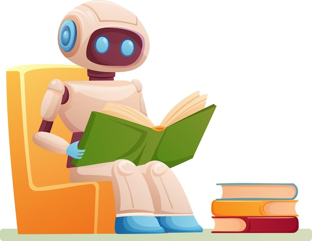 robot de inteligencia artificial aprende de los libros mientras está sentado en una silla
