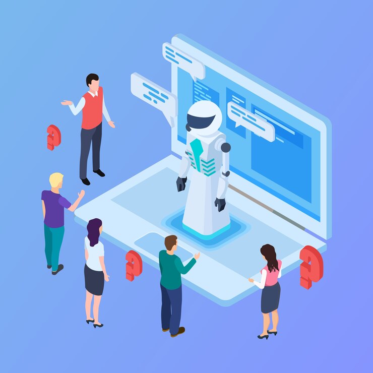 Vector robot de inteligencia artificial isométrica con personas.