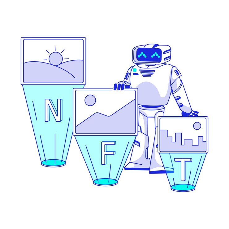 Vector el robot de inteligencia artificial selecciona la imagen de nft