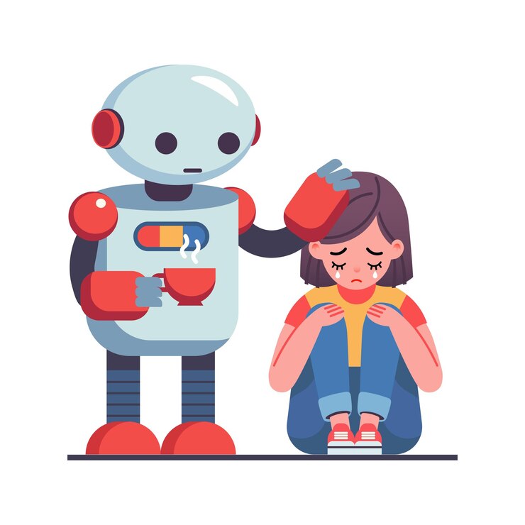 Vector el robot intenta calmar y consolar a la niña que llora y le da una taza de té vector plano de dibujos animados