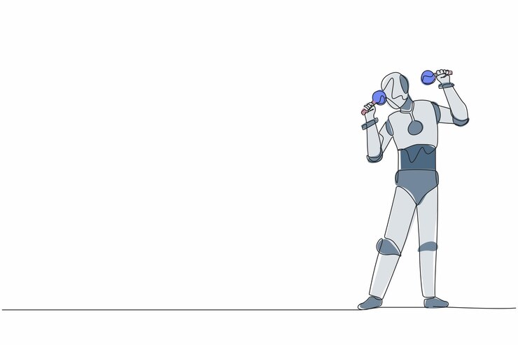 Vector robot intérprete con un solo dibujo de línea continua con instrumento musical maracas en un festival de música inteligencia artificial robótica industria de tecnología electrónica ilustración vectorial de diseño de una línea