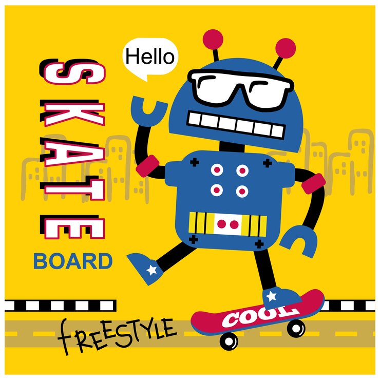 Vector robot jugando patineta divertidos dibujos animados, ilustración vectorial