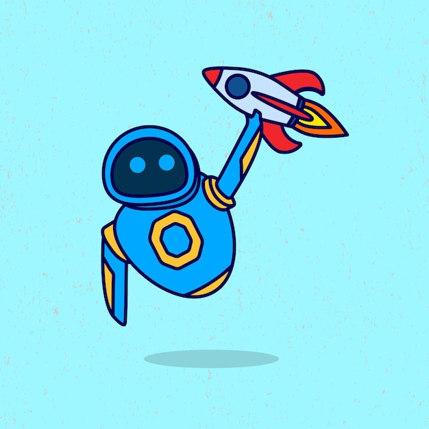 Robot jugando vector de juguete cohete aislado en estilo de dibujos animados planos Adecuado para juegos de pegatinas de iconos