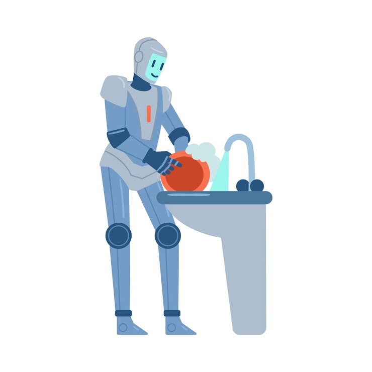 Vector robot lava platos y ayuda con la ilustración de vector plano doméstico aislado sobre fondo blanco