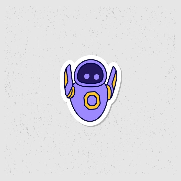 Vector el robot levanta una pegatina de mano con el diseño vectorial del personaje de la mascota en color púrpura diseño plano lindo