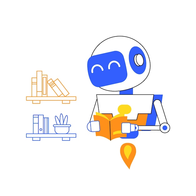 Robot leyendo libros biblioteca aprendizaje automático inteligencia artificial tecnología futura aprendizaje profundo procesamiento dúo tono ilustración