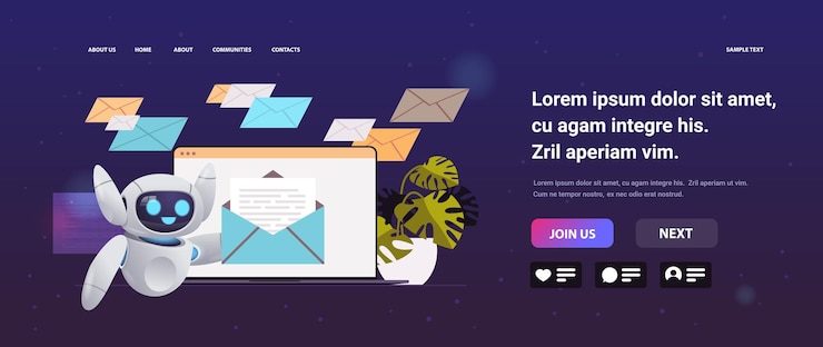 Vector robot leyendo o escribiendo una carta en la pantalla del portátil carácter robótico comunicándose en el concepto de correo de mensajería de correo electrónico de la computadora espacio de copia horizontal ilustración vectorial