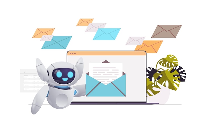 Vector robot leyendo o escribiendo una carta en la pantalla del portátil carácter robótico comunicándose en el concepto de correo de mensajería de correo electrónico de la computadora ilustración vectorial horizontal