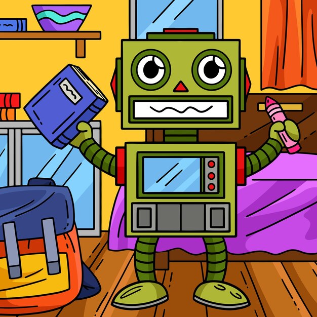 Robot con un libro y un lápiz de dibujos animados de colores