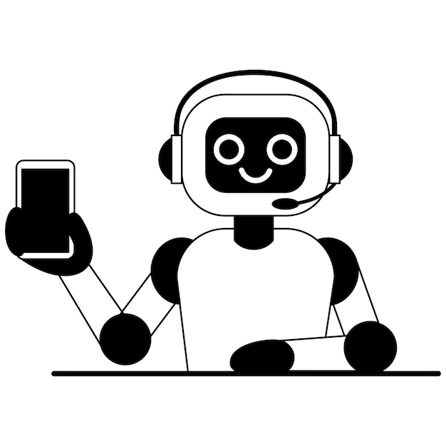Un robot lindo con auriculares que muestra un teléfono móvil inteligente