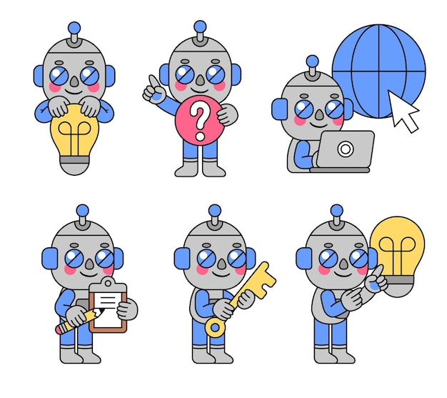 Un robot lindo y colorido haciendo acciones esenciales.