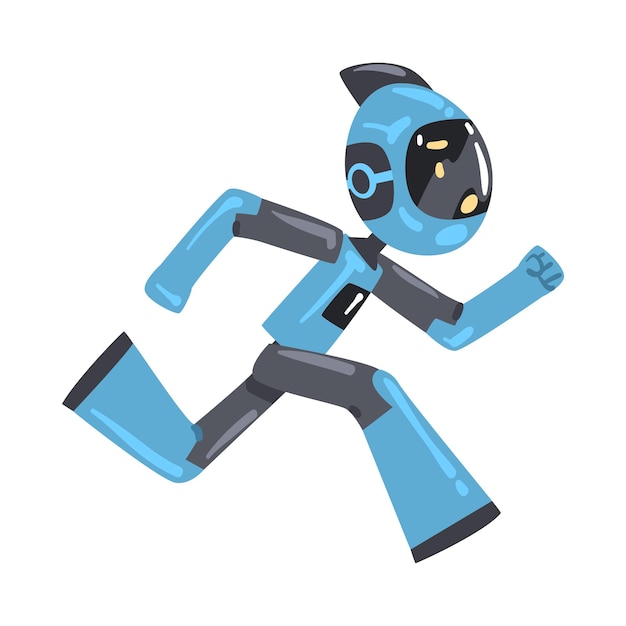 Robot lindo corriendo Asistente robótico personal gracioso Personaje Inteligencia artificial Concepto Ilustración vectorial de estilo de dibujos animados