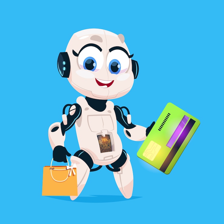 Vector robot lindo espera tarjeta de felicitación y bolsas de compras chica robótica aislado icono