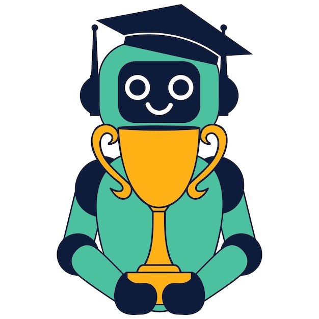 El robot lindo en la gorra de graduación presenta la copa de inteligencia artificial en el concepto de educación de lograr