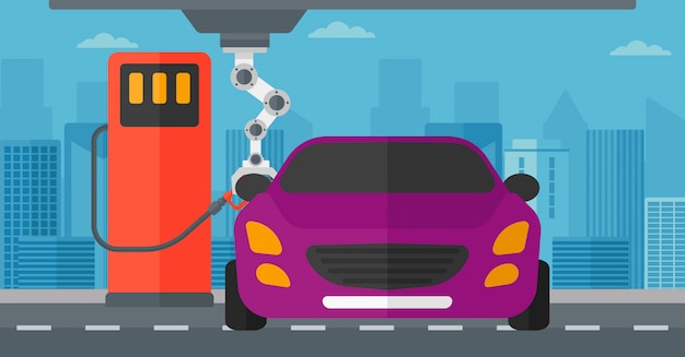 Robot llenando el combustible en el automóvil en la estación de servicio.