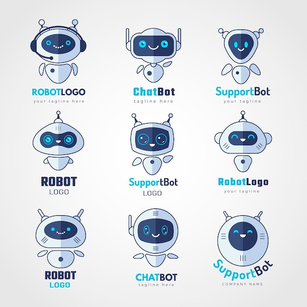 Robot logo Androids chatbot futuro electrónico caras inteligentes símbolos cyborg para mensajeros recientes plantillas estilizadas vectoriales