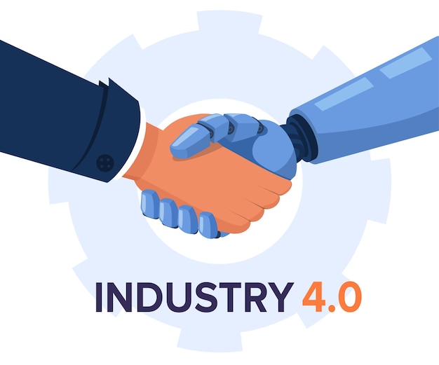 Robot y mano humana sosteniendo con apretón de manos, industria 4.0 e ilustración de inteligencia artificial
