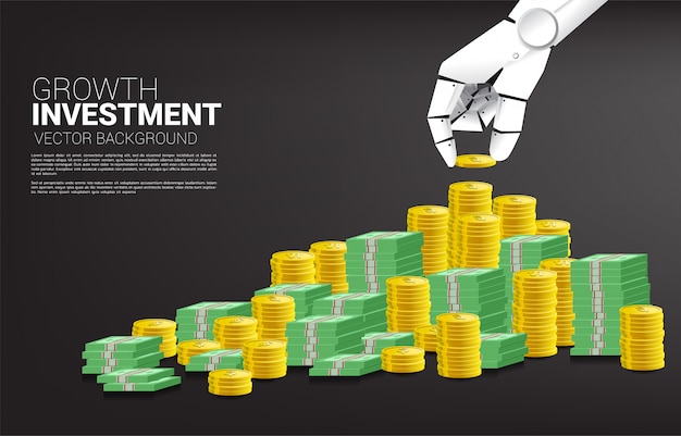 Robot mano pila de monedas y dinero de billetes. concepto de aprendizaje automático en economía e inversión y crecimiento en los negocios.