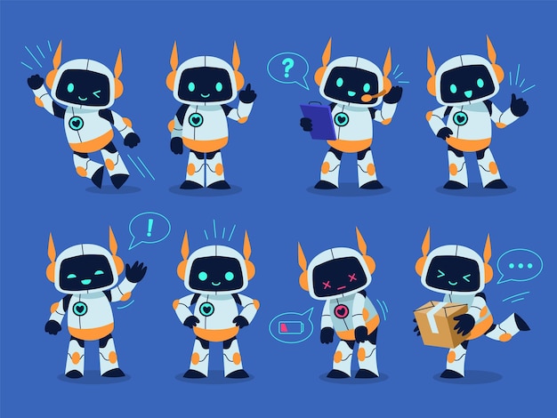 Vector robot mascota juguete lindo personaje de dibujos animados cyborg diferentes poses y acciones divertidas androide emocional inteligencia artificial asistente informático chat bot servicio de soporte conjunto vectorial ordenado