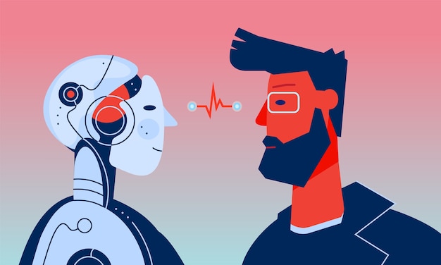 El robot masculino humano y masculino con inteligencia artificial mirándose